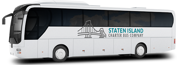 a plain white charter bus with a staten island charter bus company logo on it